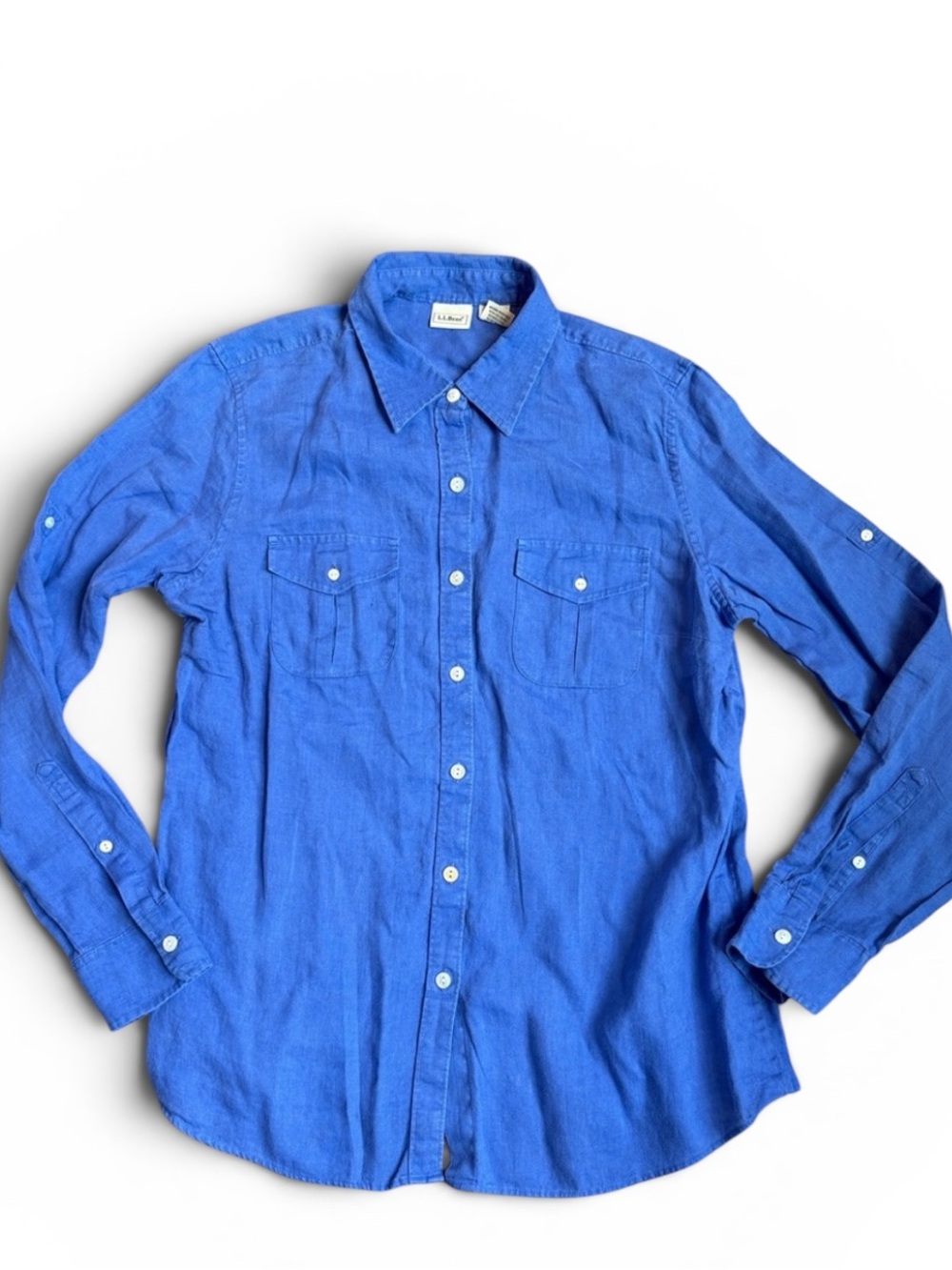 L.L. Bean 100% Linen Button Down Blouse Women’s M Blue Roll Tab Sleeve